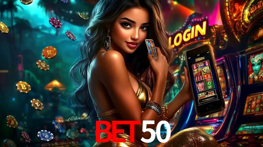 Mulher em um cenário de cassino temático de aventura, mostrando o app de caça-níqueis da bet50 no celular. Fichas de apostas flutuam ao redor.