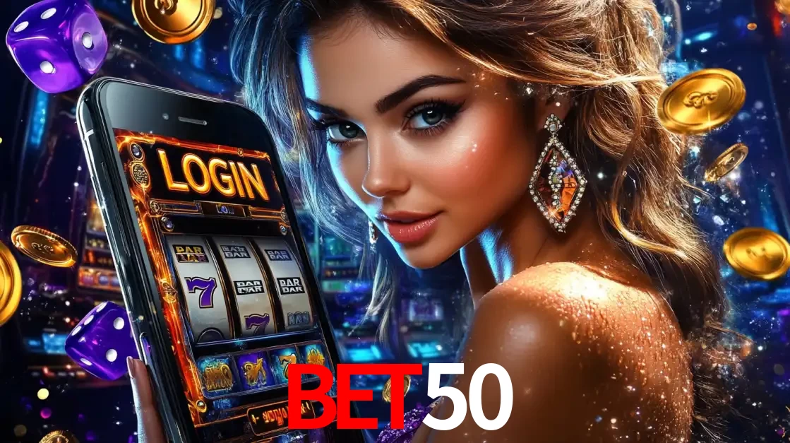 Mulher glamorosa segurando um smartphone com a tela de login para os jogos de caça-níqueis do cassino online bet50, com moedas de ouro e dados ao redor.