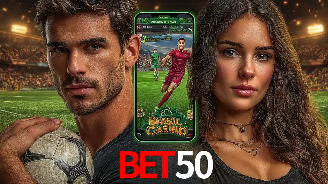 Homem segurando uma bola de futebol e uma mulher ao lado de um smartphone exibindo o jogo de apostas esportivas da bet50. Faça seu palpite no cassino online.